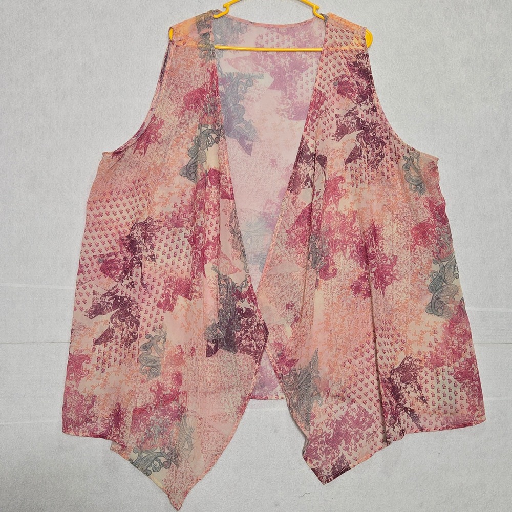 Pink Paisley Sheer Open Front Vest Cardigan 2X Plus Size TS28045